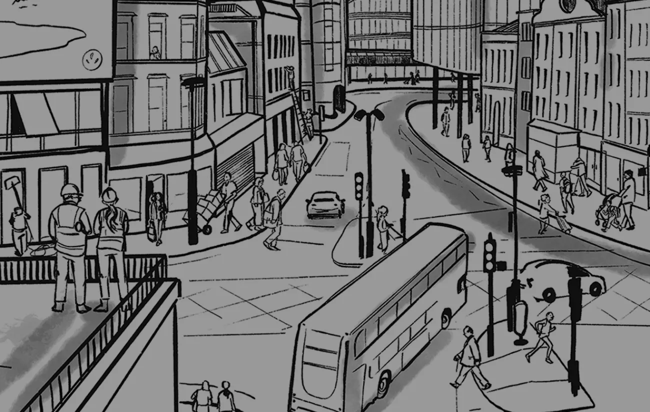 Black and white sketch of a city with lots of people and vehicles