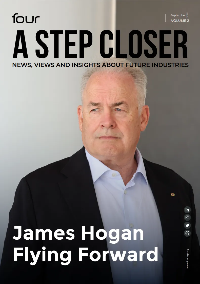 Cover of the September 2025 edition of A Step Closer magazine, featuring a large picture of James Hogan with the headline 'Flying Forward'