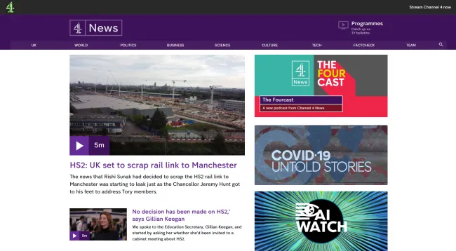 Screenshot of the Channel 4 News website