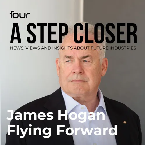 A teaser image for the September edition of A Step Closer, with a big picture of former Etihad CEO James Hogan and the headline 'Flying Foward'