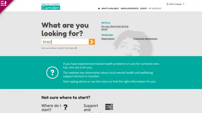 Screenshot of the Camden Mental Health website with a search result showing