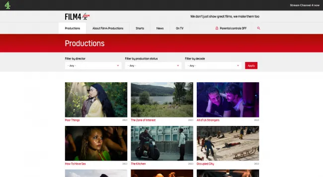 Screenshot of the Film4 Productions website