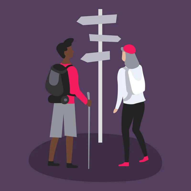 An illustration of two people looking like they are hiking