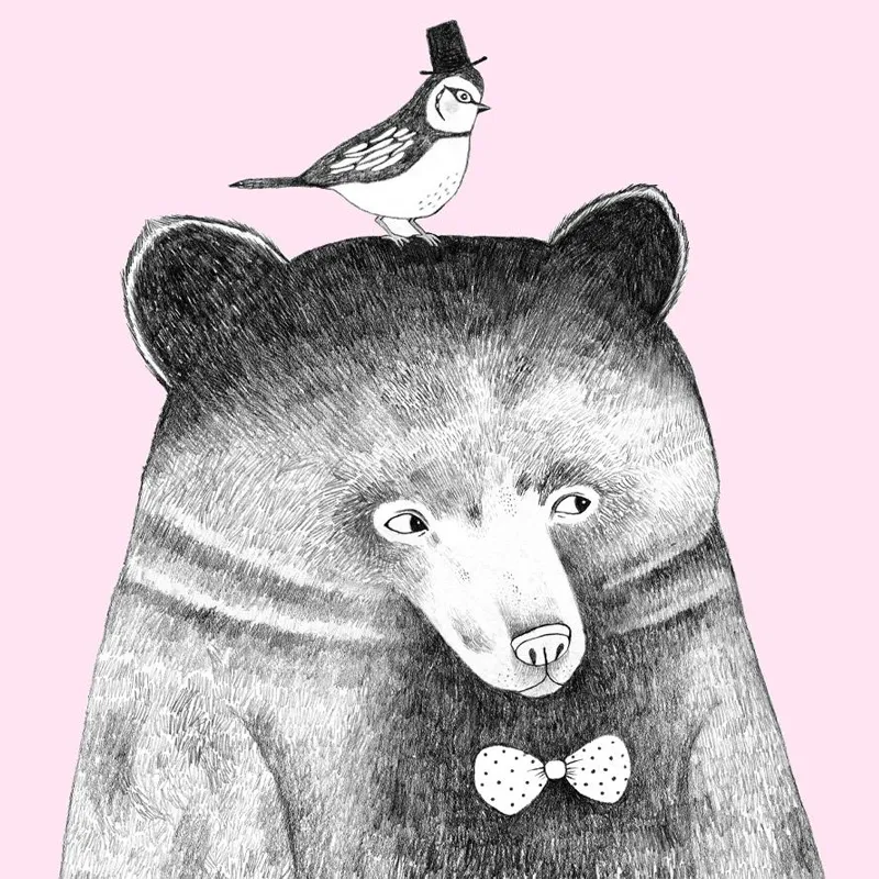 Illustration of a bear with a bird on its head