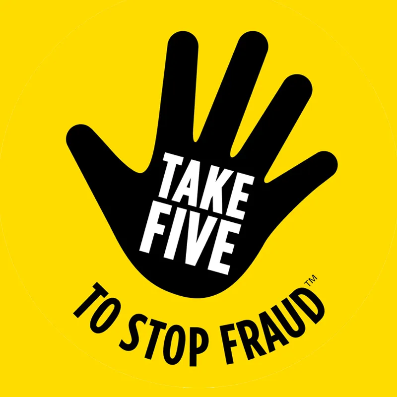 Take Five to Stop Fraud logo - a black hand on a yellow background